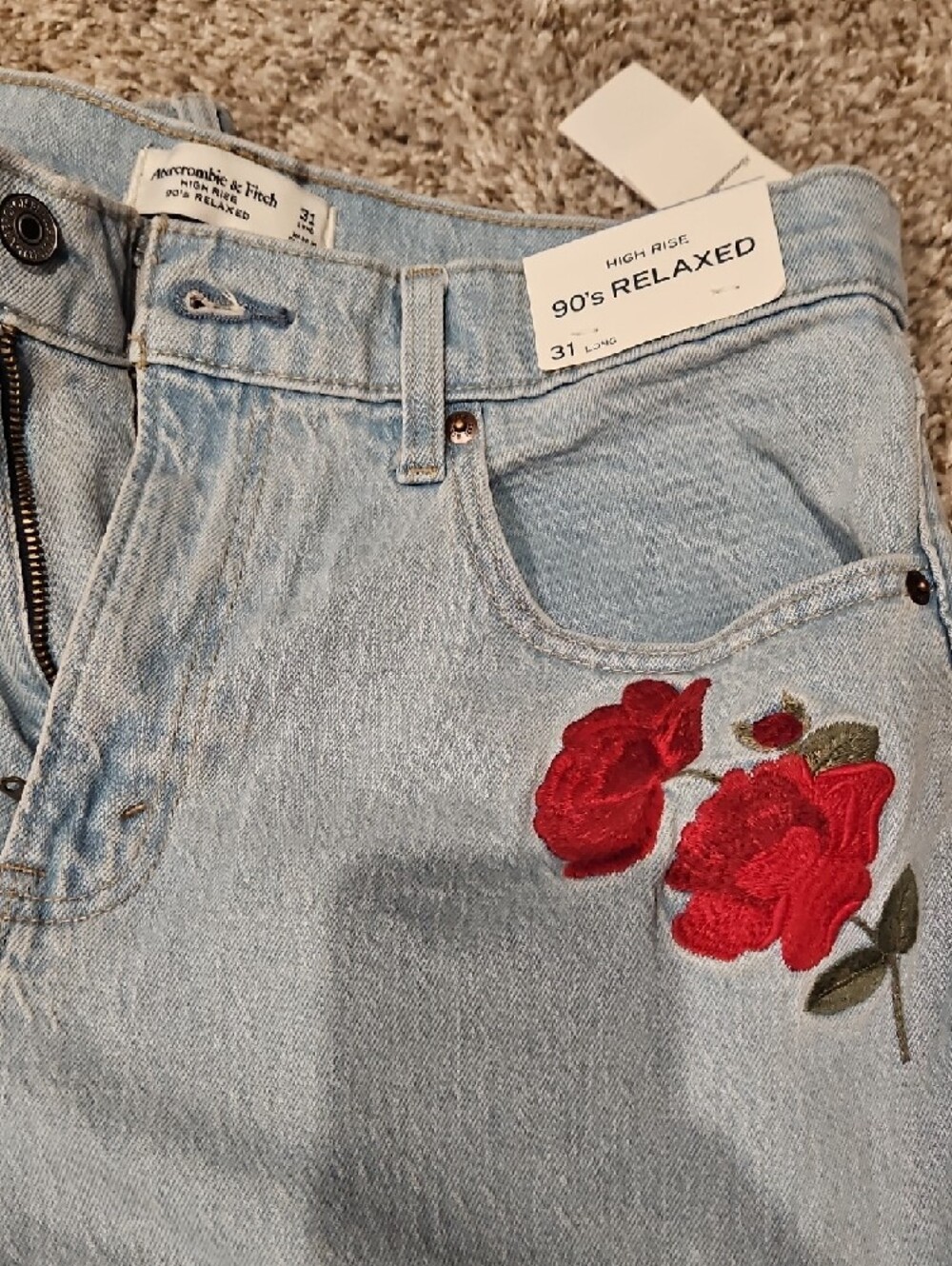 Abercrombie & Fitch Light Blue High-Rise Jeans with Red Rose Embroidery - Picture 2 of 4